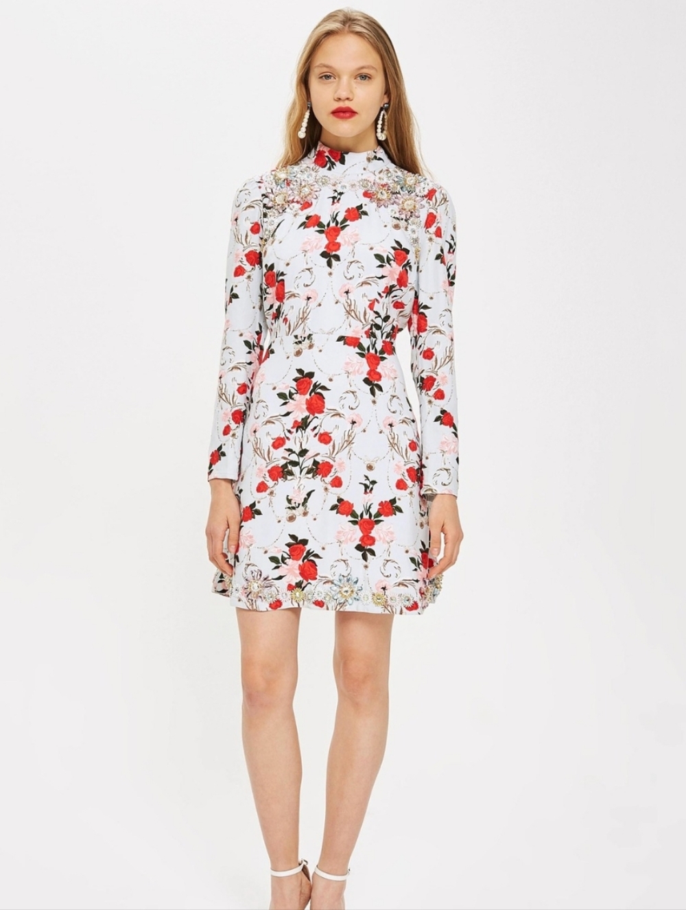 NWT TopShop Light Blue Red Pink Rose Skater Beaded Jewel Floral Dress 4
